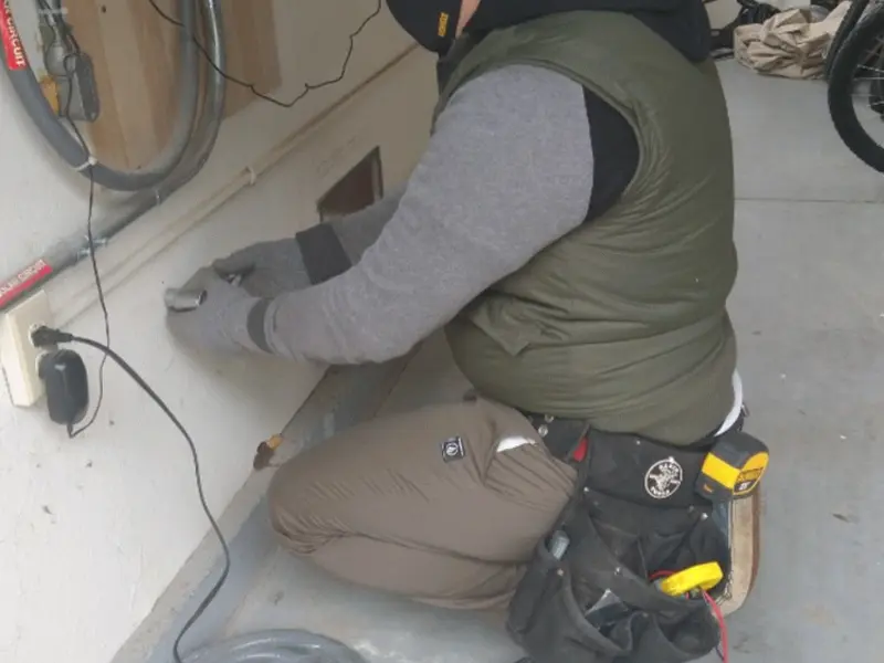 Electrician performing outlet wiring in a Blue Springs garage